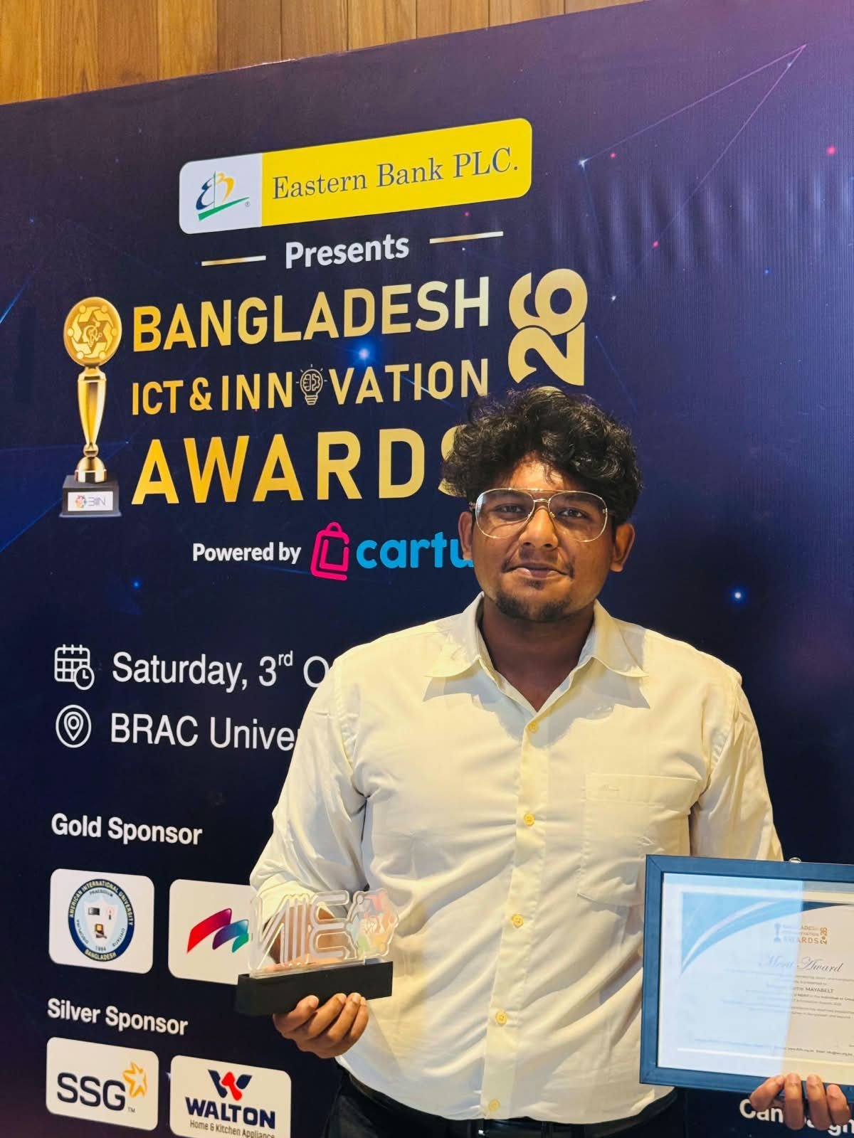 Navid Bin Shafi Shuvo receiving the Merit Award at Bangladesh ICT & Innovation Awards 2026